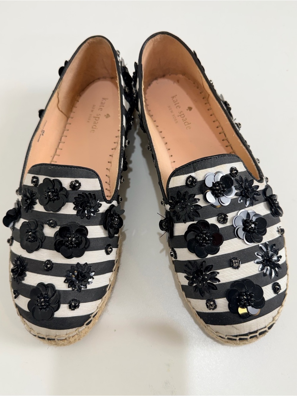 kate spade Black and White Striped Floral Appliqué Espadrilles